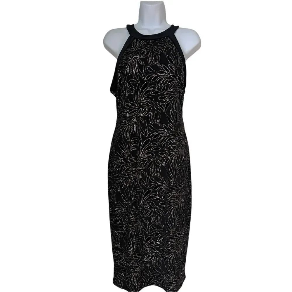 BISOU BISOU Elegant Black Gold Women's Leaf Floral Embellished Evening Dress 12